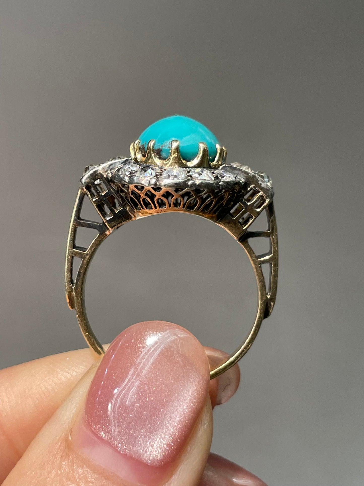 Antique Edwardian 14K Yellow Gold Turquoise 1.62 CTW Diamond Ring