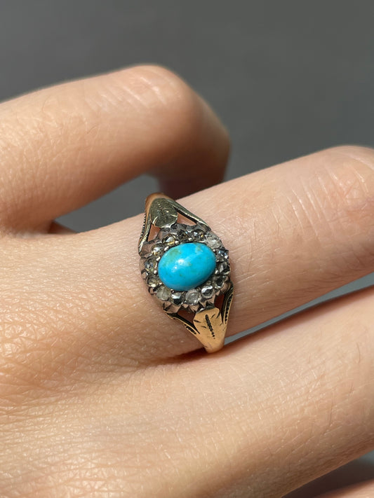 Antique French 18K Yellow Gold Turquoise Diamond Halo Ring