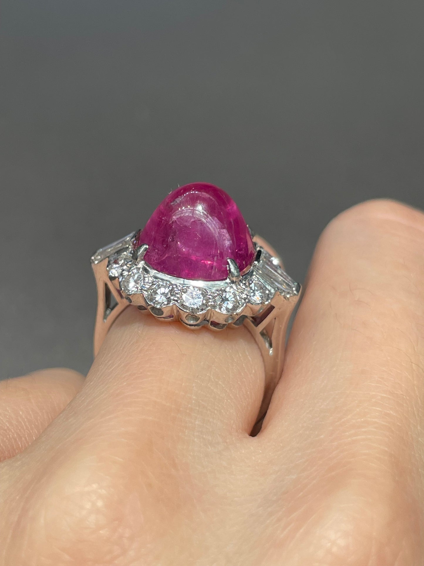 Vintage Platinum 10.42 CTW Unheated Cabochon Ruby Diamond Halo Ring GIA
