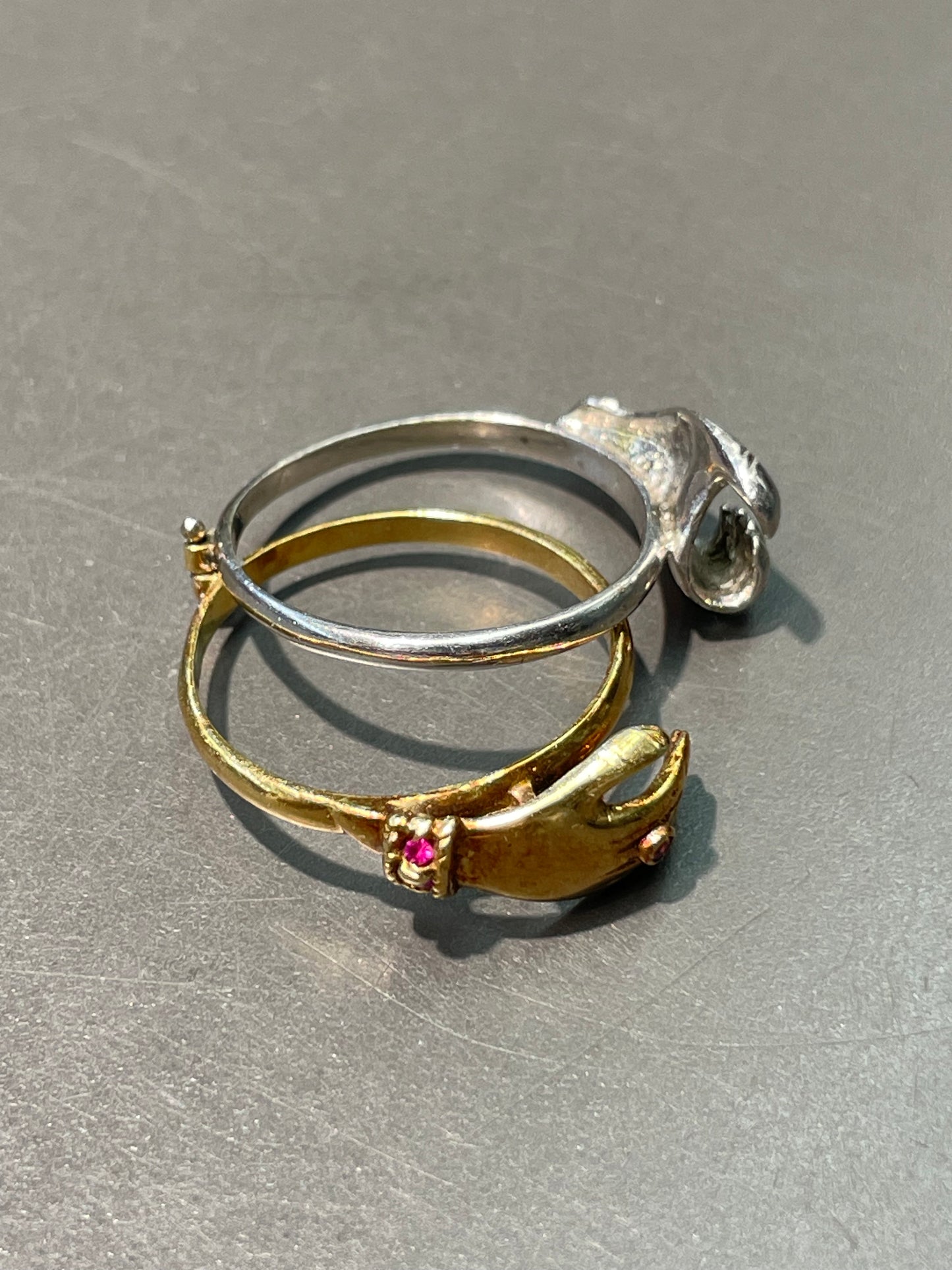 Victorian 18K Yellow Gold and Platinum Ruby Diamond Gimmel Hand Ring