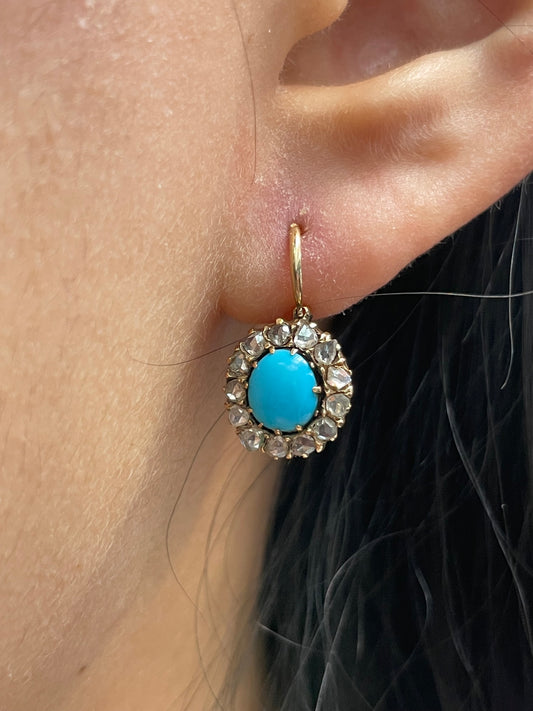 Victorian 14K Yellow Gold Persian Turquoise 0.91 CTW Diamond Halo Dormeuse Earring