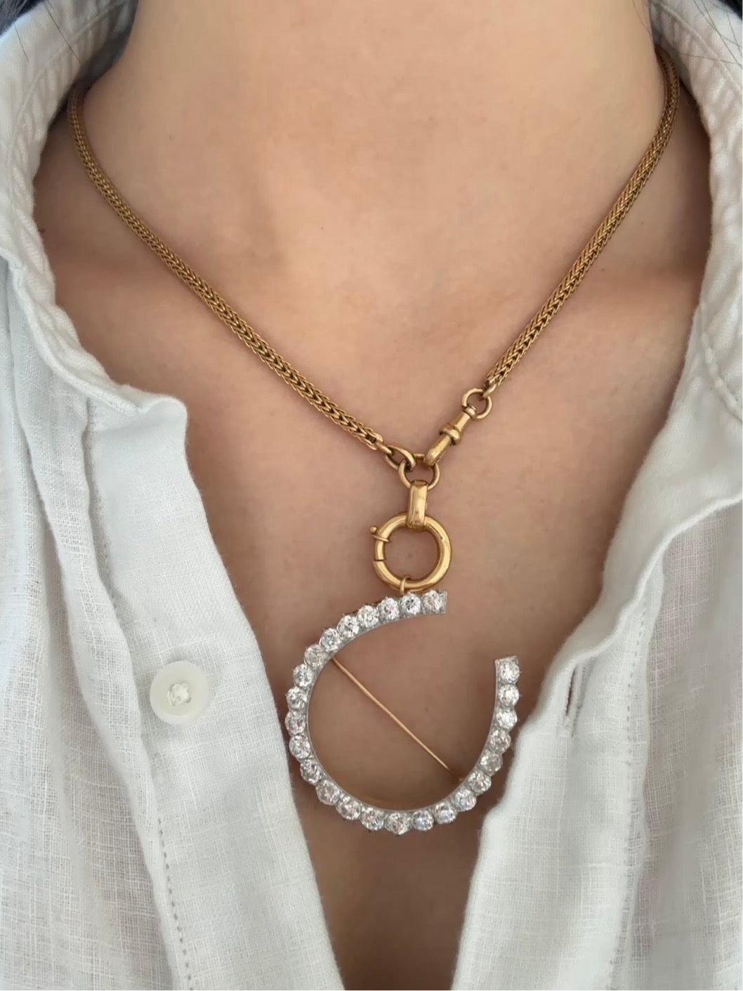 Antique Edwardian Platinum 18K Yellow Gold 4.30 CTW Diamond Horse Shoe Brooch Pendant