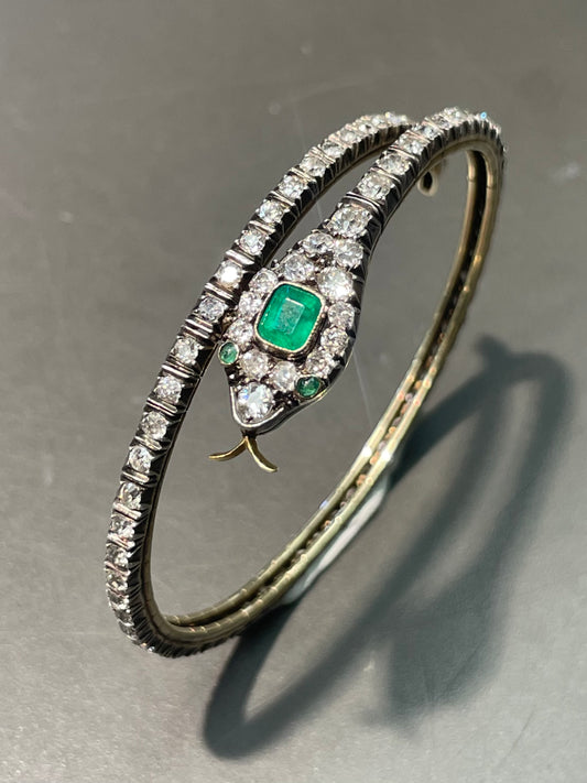 Antique 14K Yellow Gold 4.36 CTW Diamond Emerald Snake Serpentine Bangle