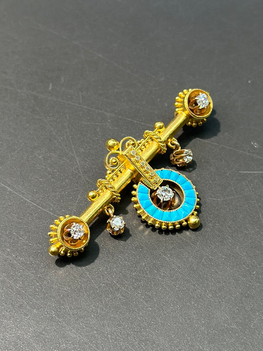 Victorian Etruscan Revival 14K Yellow Gold Turquoise Diamond Brooch
