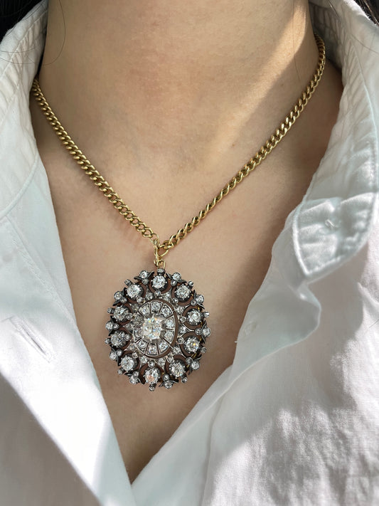 Antique Silver Topped 14K Gold 9.55 CTW Diamond Cluster Brooch Pendant