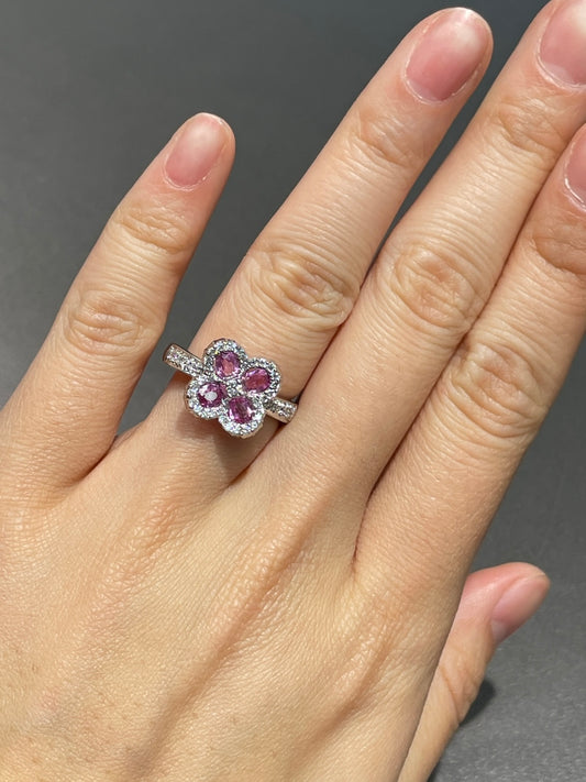 18K Gold Pink Sapphire Diamond Flower Ring