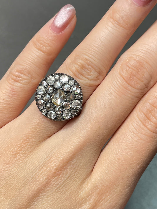 Antique Georgian 18K Gold Topped Silver Rose Cut Diamond Cluster Ring