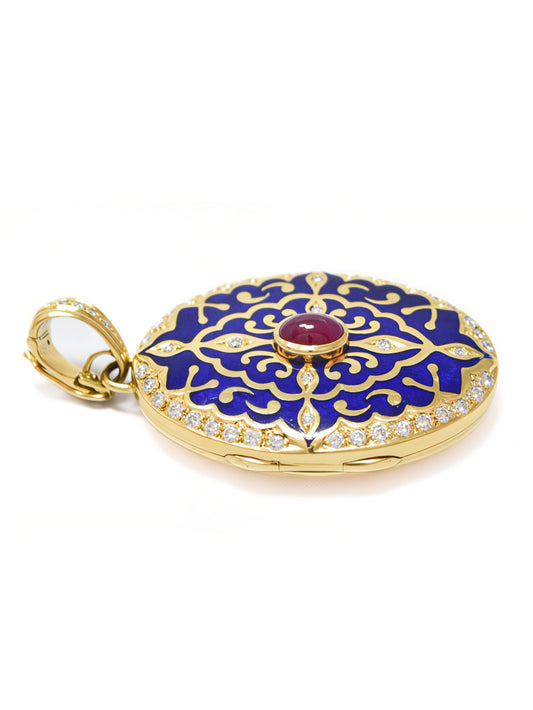 Fabergé 18K Yellow Gold Ruby Diamond Enamel Locket Pendant