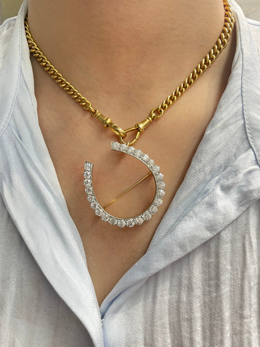 Antique Edwardian Platinum 18K Yellow Gold 4.30 CTW Diamond Horse Shoe Brooch Pendant