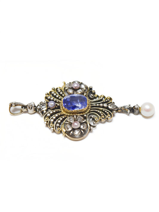Antique 14K Gold Topped Silver 3.64 CTW GIA No Heat Ceylon Sapphire Diamond Pearl Motif Pendant