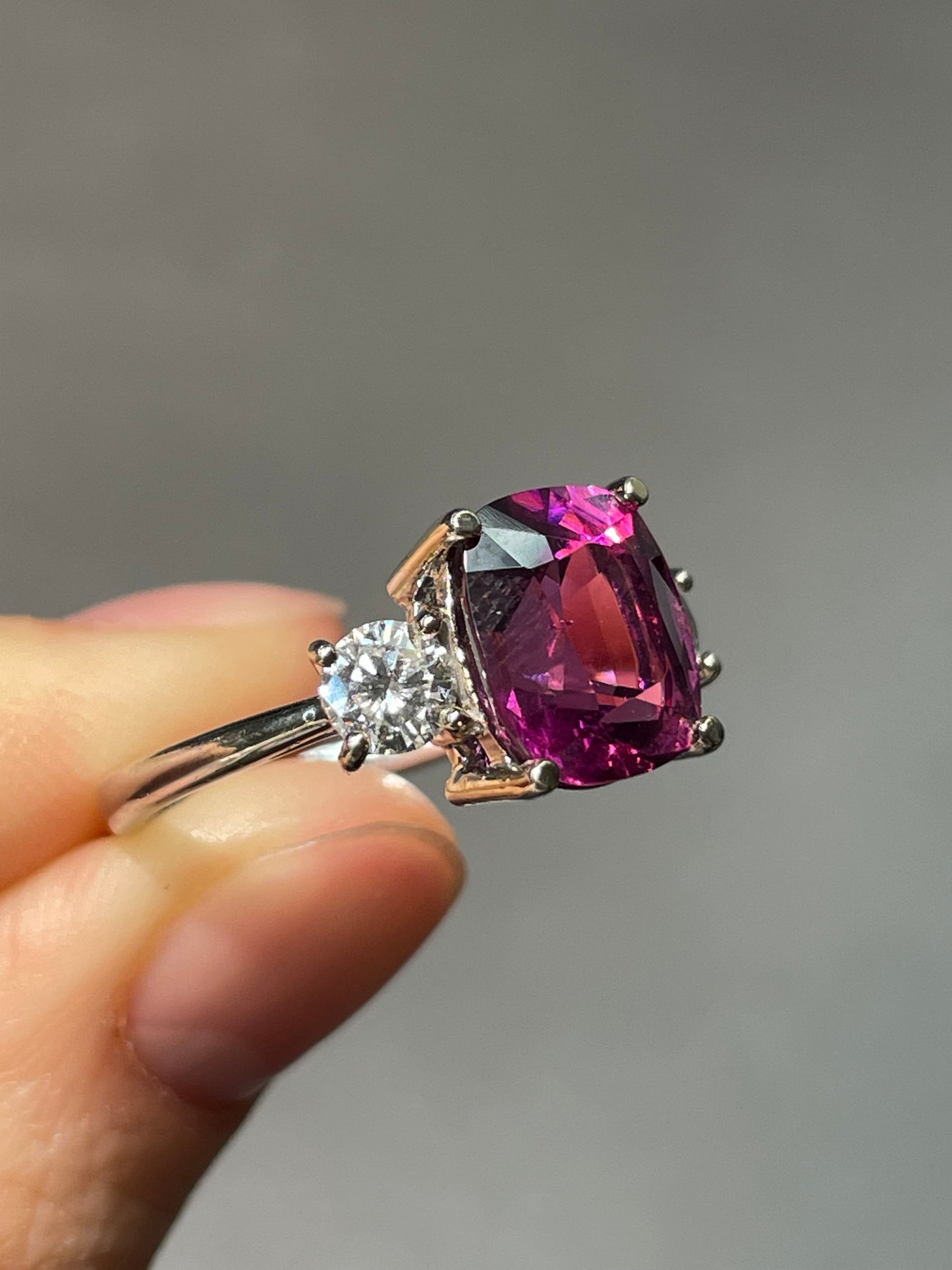 14K White Gold 4.20 CT Rhodolite Diamond Trilogy Ring