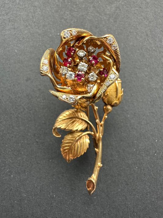 French 18K Yellow Gold Ruby Diamond En Tremblant Flower Brooch
