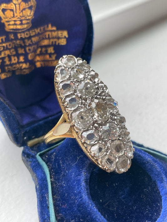 Antique French 18K Yellow Gold 6.5 CTW Old Mine Cut Diamond Oval Cluster Statement Ring