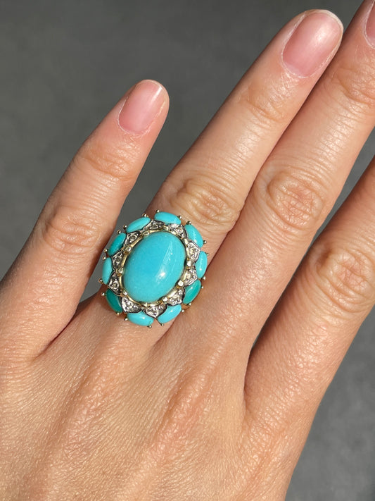 Vintage 14K Gold Turquoise Diamond Cluster Halo Ring