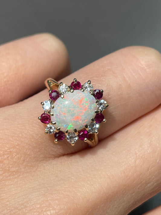 14K Yellow Gold Opal Ruby Diamond Halo Ring