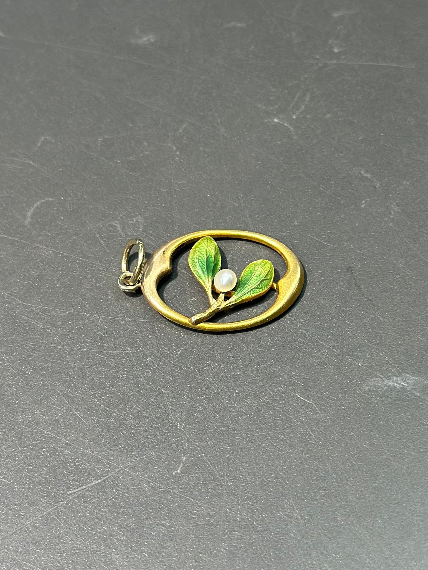 Art Nouveau 14K Gold Enamel Leaf Charm