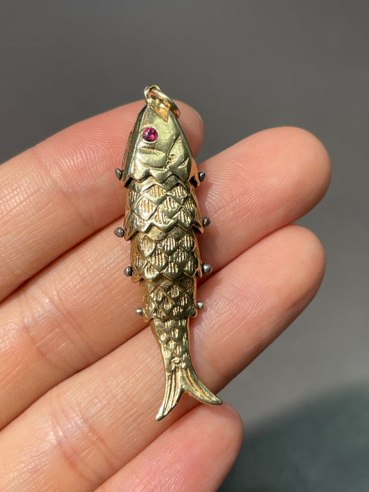 Vintage 14K Gold Large Ruby Articulated Fish Pendant