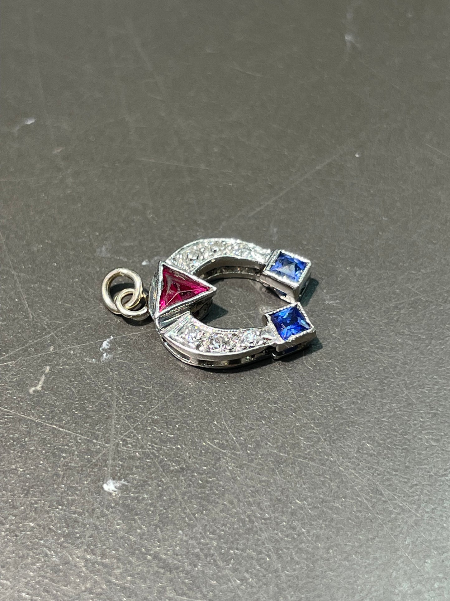 Art Deco Platinum Ruby Sapphire Diamond Horseshoe Charm
