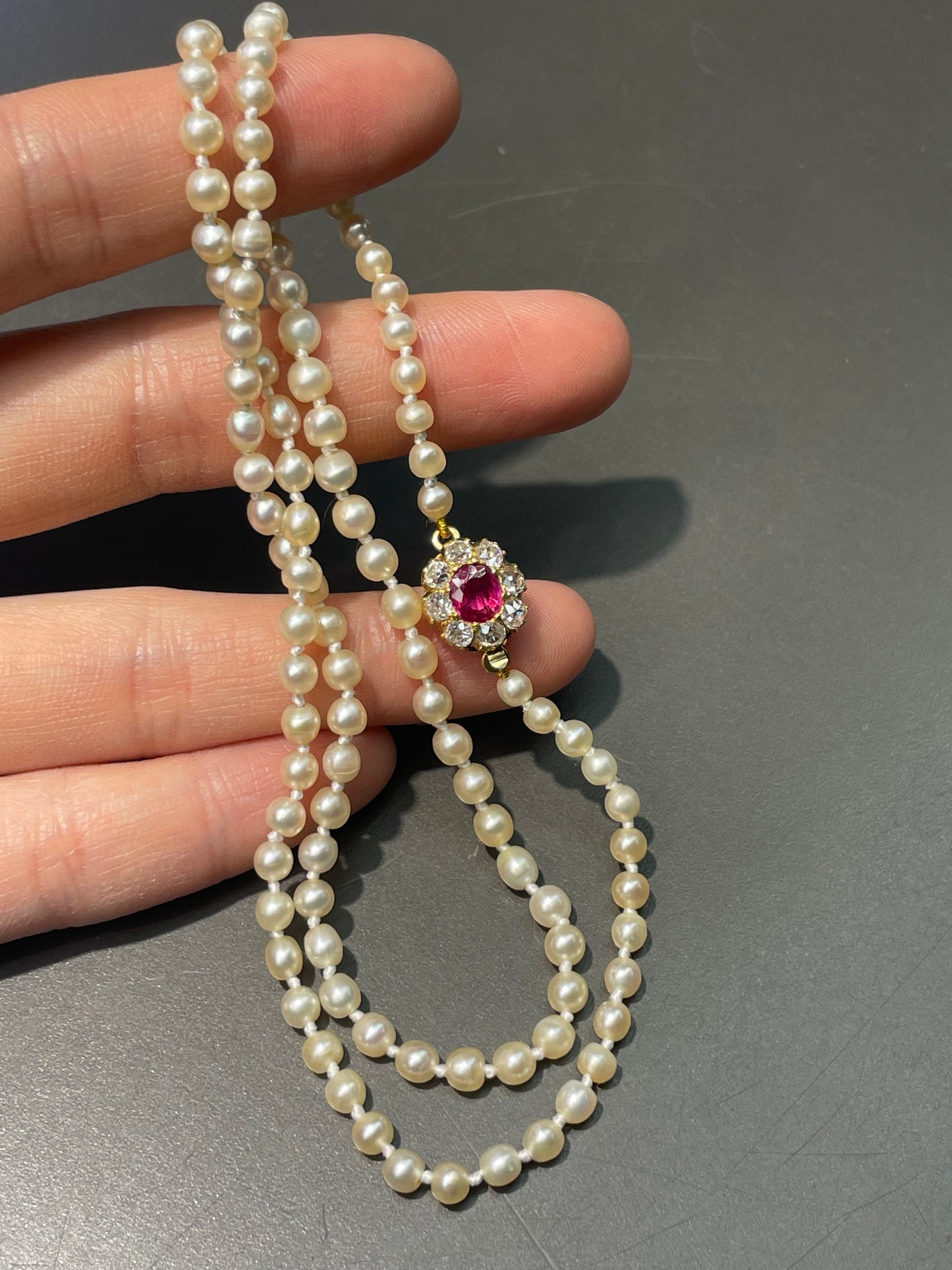 Edwardian 14K Gold Natural Saltwater Pearl Burma Ruby Diamond Necklace