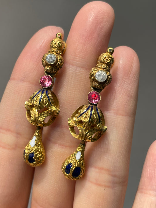 Antique Victorian Etruscan 22K Yellow Gold Diamond Repousse Drop Earring