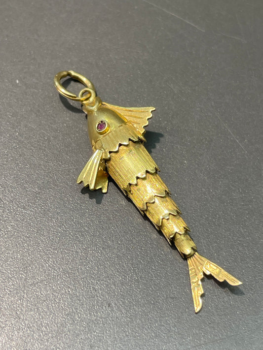 Vintage 18K Yellow Gold Ruby Articulated Fish Pendant