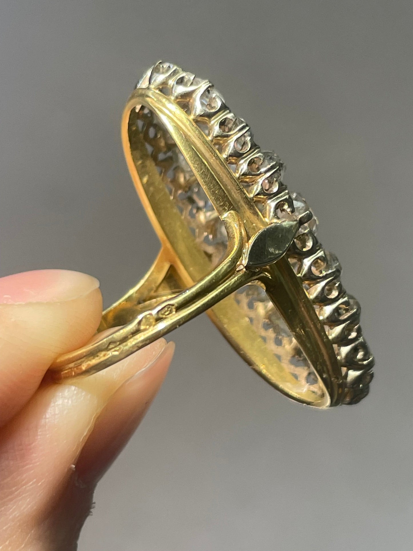 Antique French 18K Yellow Gold 6.5 CTW Old Mine Cut Diamond Oval Cluster Statement Ring