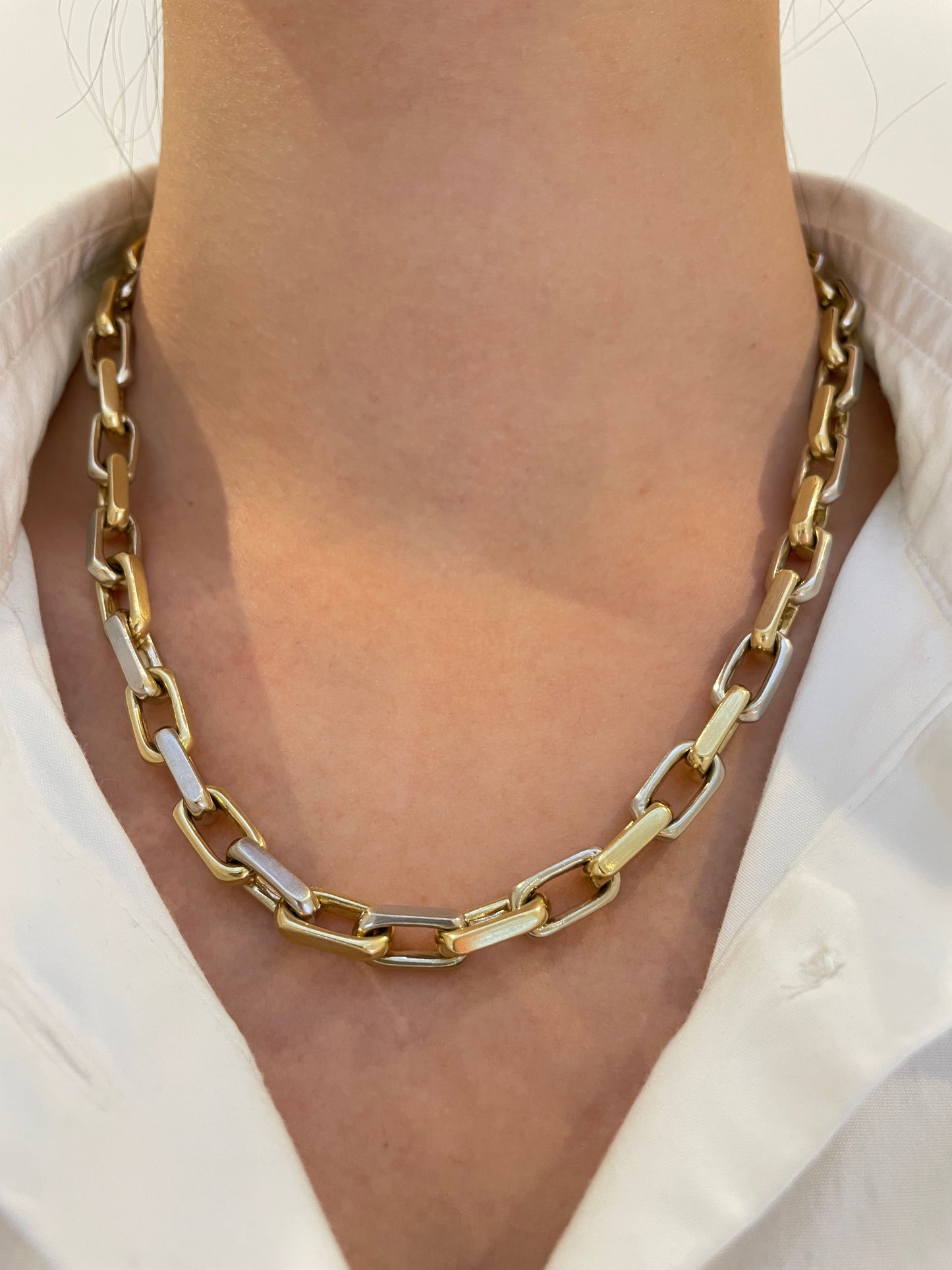 Vintage 14K Gold Solid Two Tone Paper Clip Chain Necklace