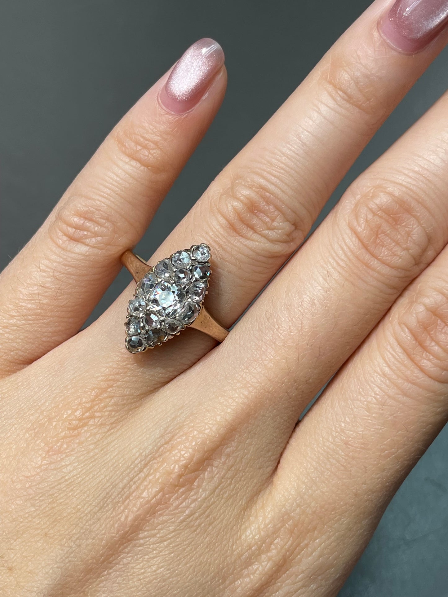 Antique Edwardian 14K Yellow Gold Diamond Navette Cluster Ring