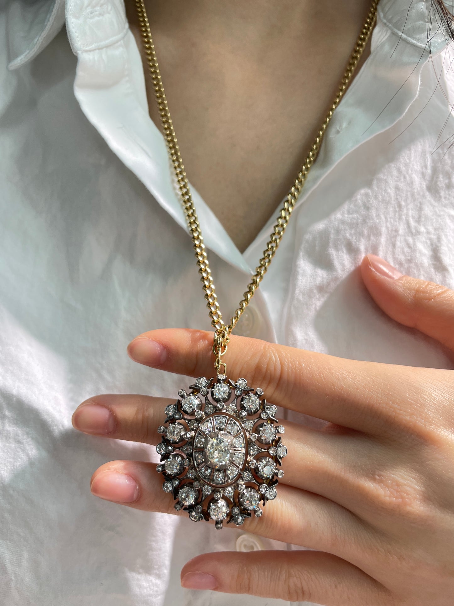 Antique Silver Topped 14K Gold 9.55 CTW Diamond Cluster Brooch Pendant