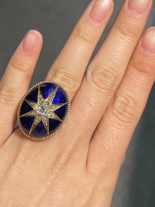 维多利亚 14K 黄金 0.95 CTW 钻石蓝色扭索纹珐琅星光戒指