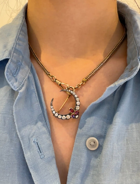 Antique Silver Topped 14K Yellow Gold 2.25 CTW Diamond Ruby Crescent Brooch