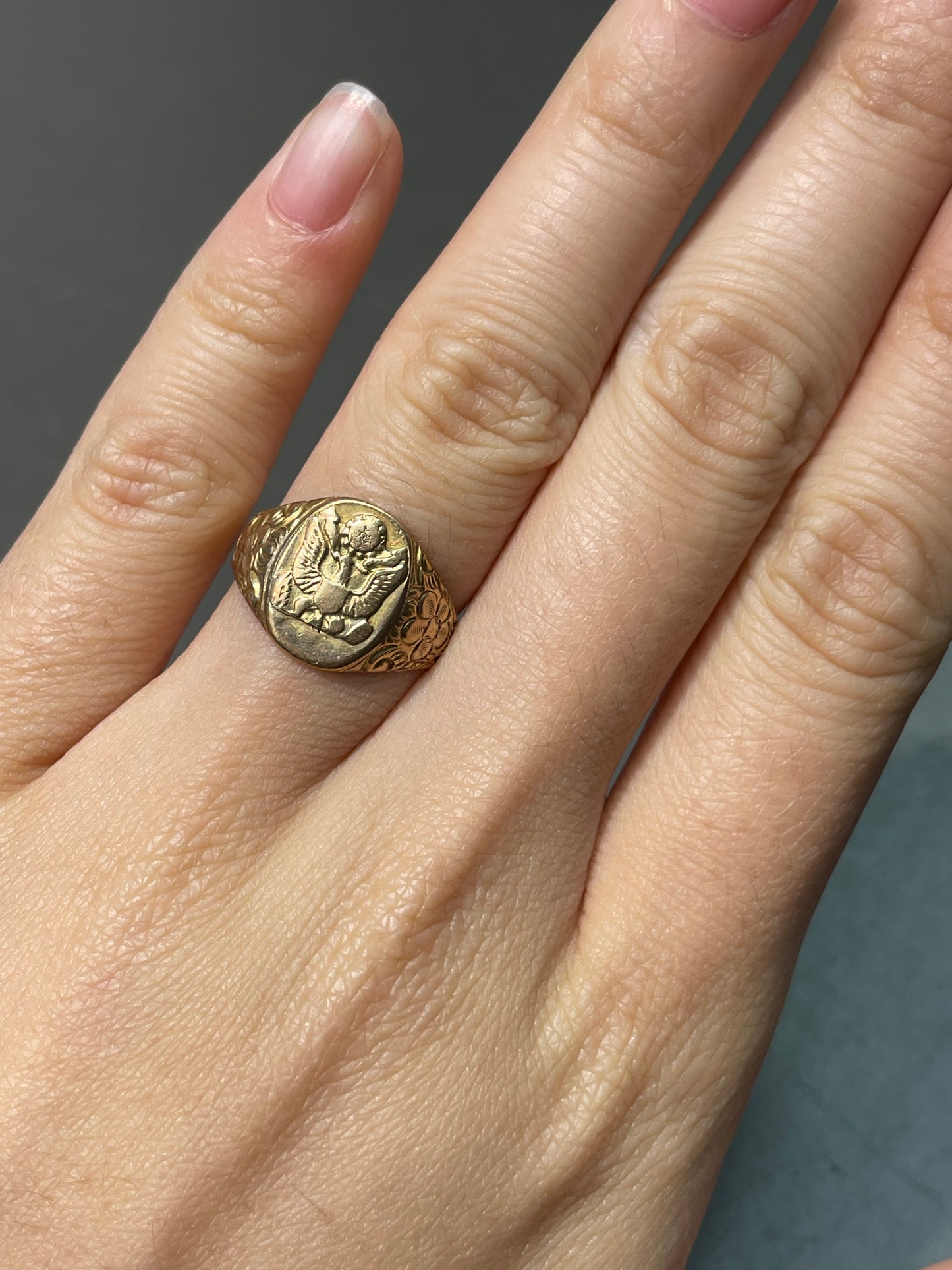 10K Yellow Gold Eagle Floral Signet Ring
