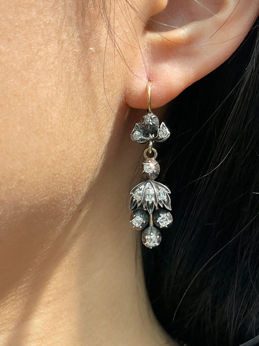 Antique Georgian 18K Gold Silver 2.10 CTW Dangle Diamond Earrings
