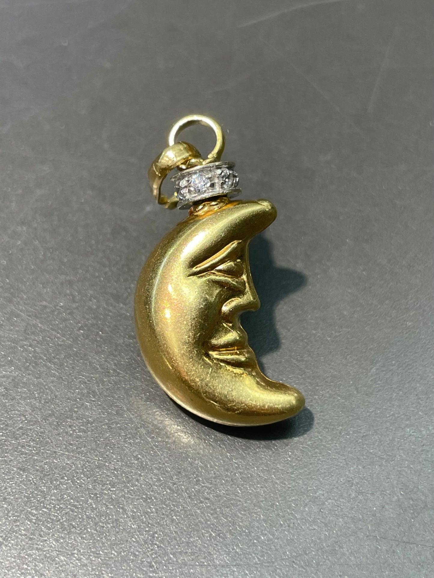 Vintage 18K Yellow Gold Diamond 0.18 CTW Crescent Moon Face Charm