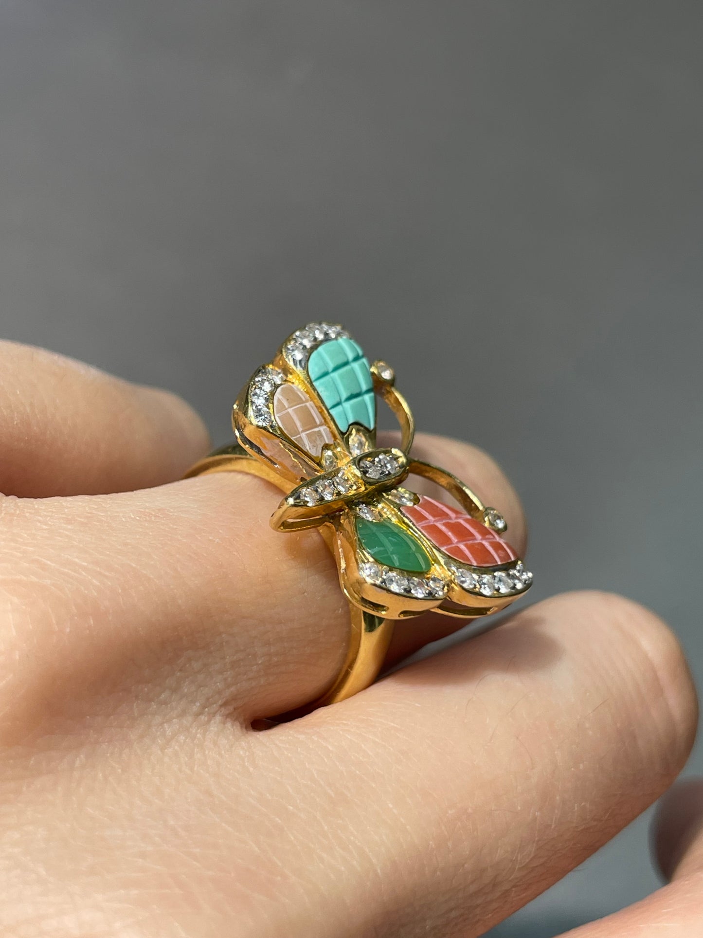 Vintage 18K Yellow Gold Multi Gemstone Butterfly Ring