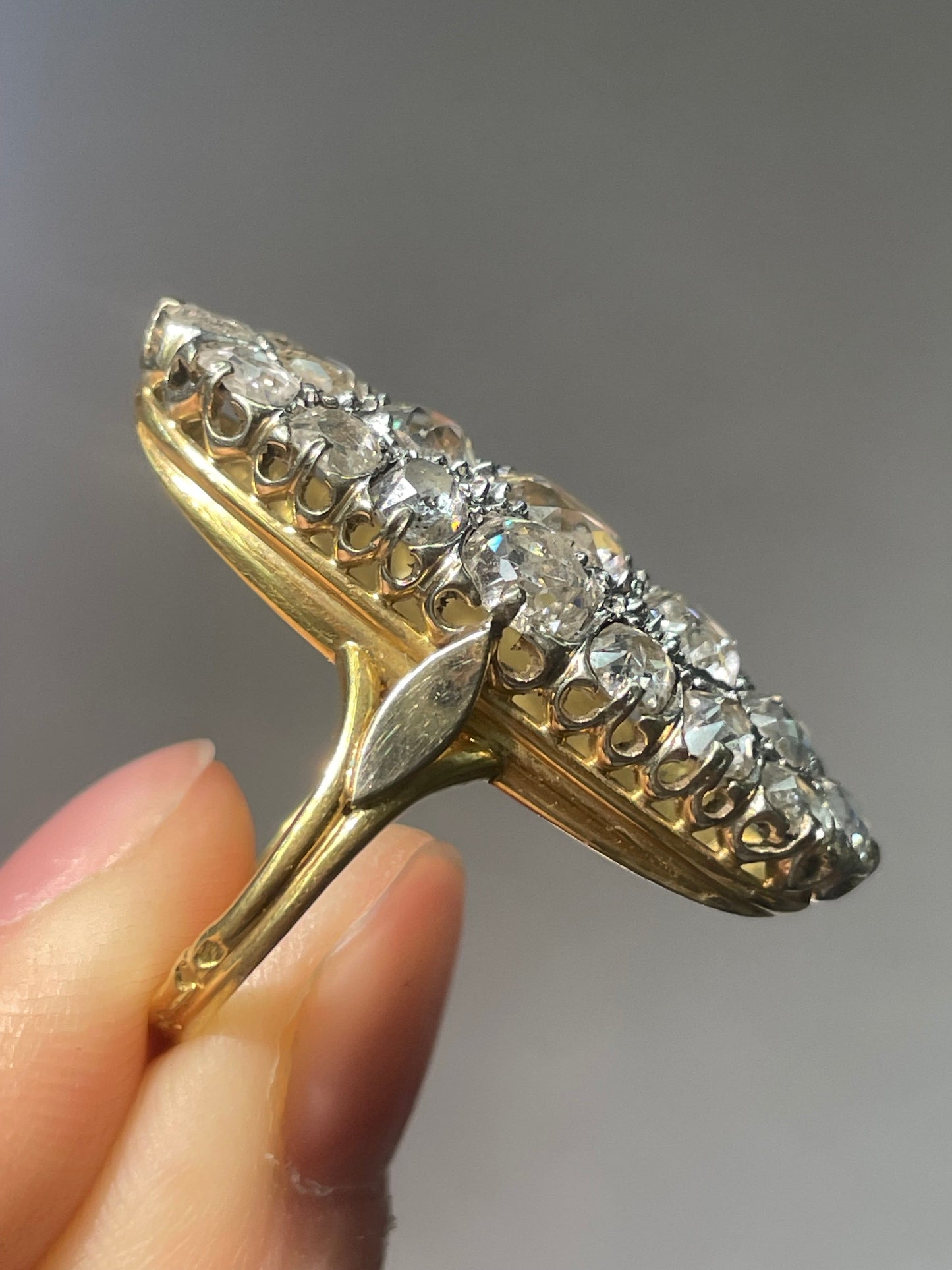 Antique French 18K Yellow Gold 6.5 CTW Old Mine Cut Diamond Oval Cluster Statement Ring