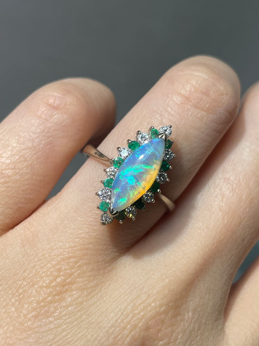 14K White Gold Marquise Opal Diamond Emerald Ring