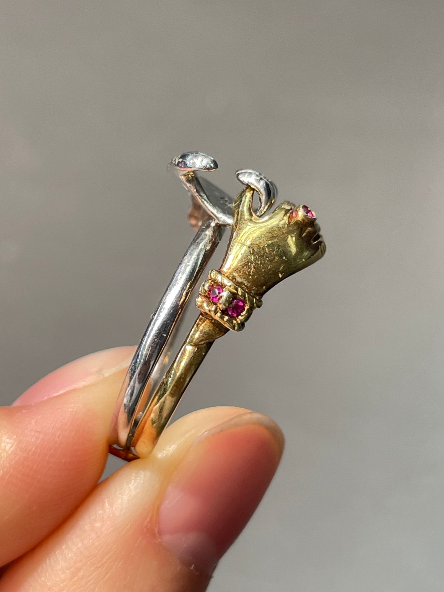 Victorian 18K Yellow Gold and Platinum Ruby Diamond Gimmel Hand Ring