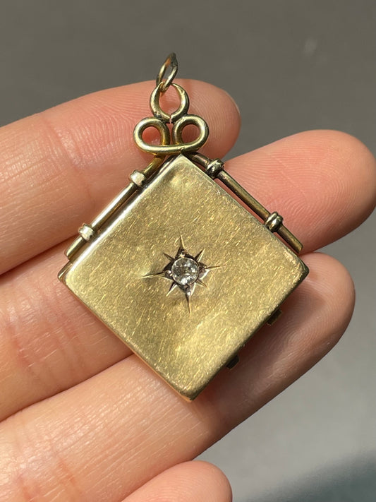 Antique 18K Yellow Gold 0.22 CTW Diamond Starburst Square Locket