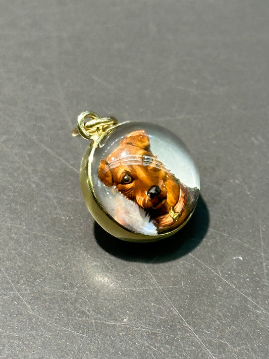 Antique 14K Gold Reverse Painted Essex Crystal Irish Terrier Dog Pendant