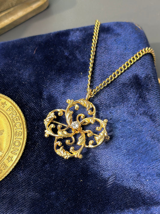 新艺术风格 14K 金钻石图案胸针吊坠