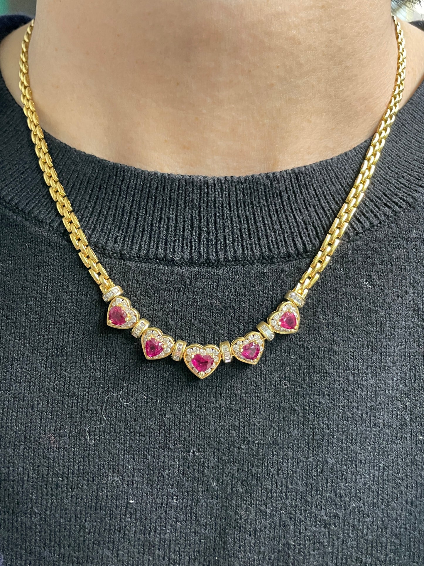 18K Yellow Gold Ruby Diamond Halo Heart Necklace