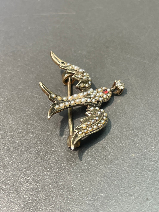 Vintage 14K Yellow Gold Seed Pearl Diamond St. Esprit Dove Brooch
