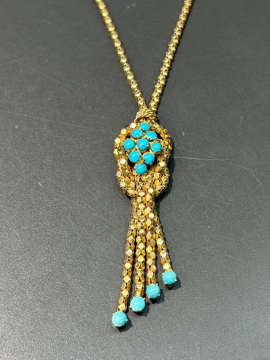Retro 18K Yellow Gold Turquoise Popcorn Chain Tassel Necklace