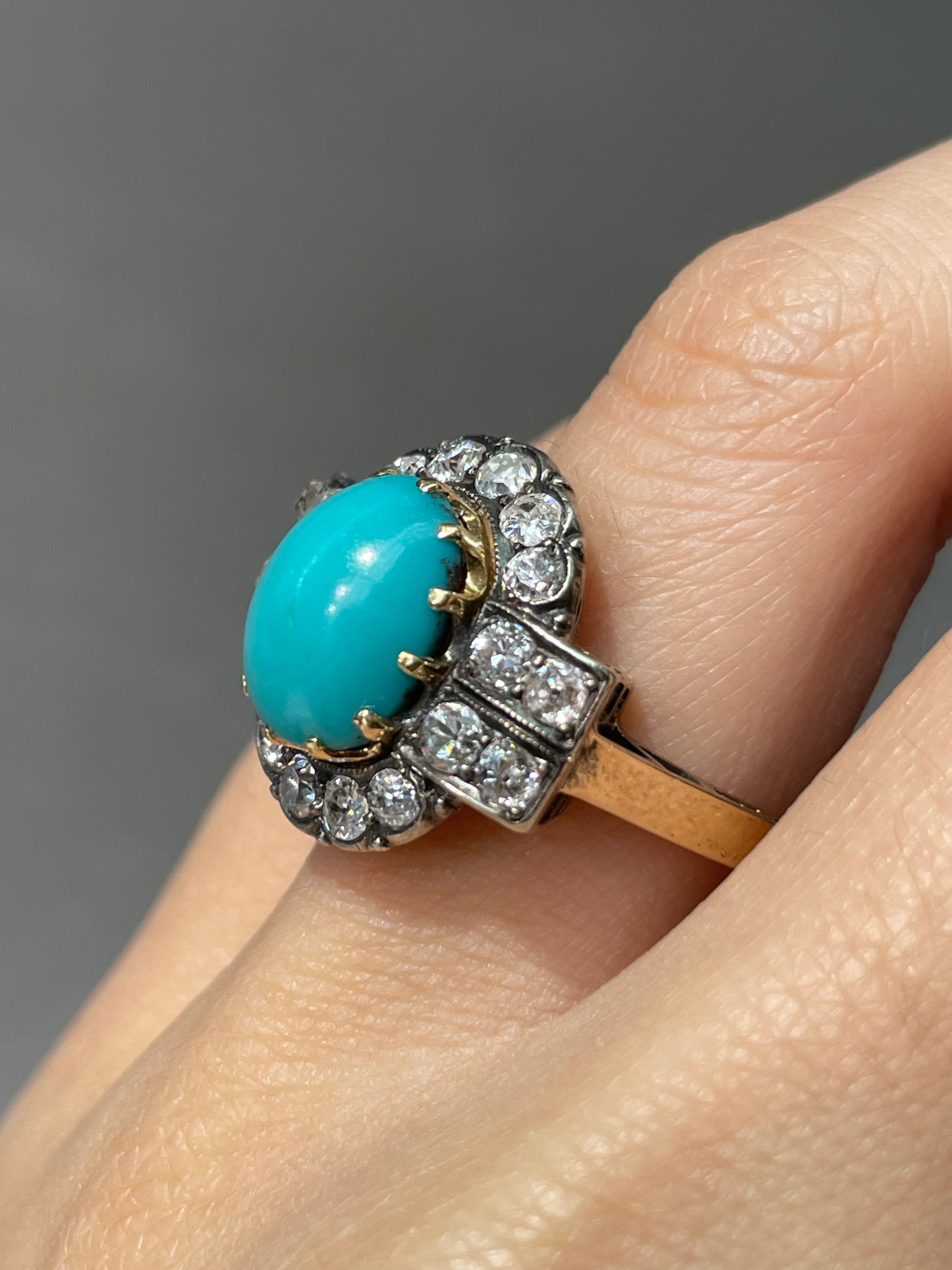 Antique Edwardian 14K Yellow Gold Turquoise 1.62 CTW Diamond Ring