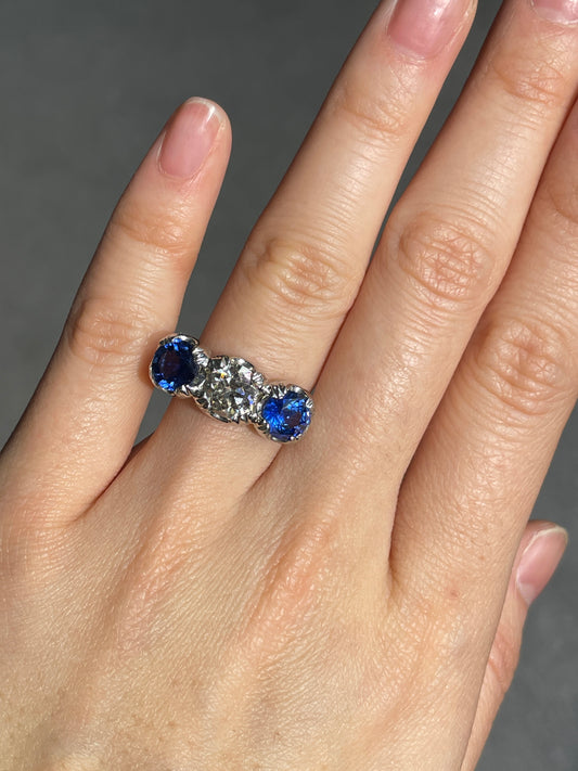 Platinum 1.41 CTW Diamond Ceylon Sapphire Three Stone Ring