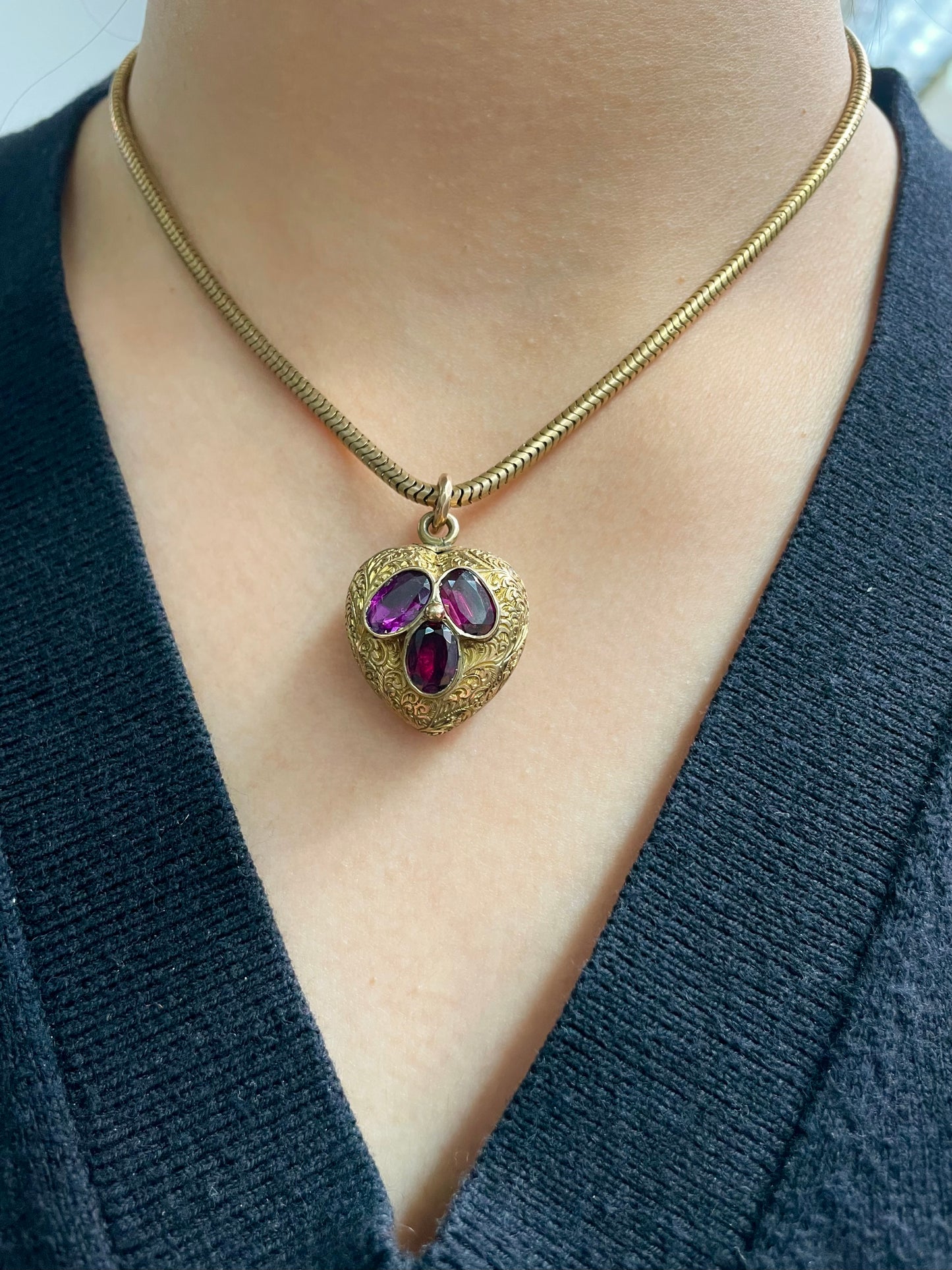 Antique Victorian 14K Yellow Gold Rhodolite Garnet Puffy Heart Pendant