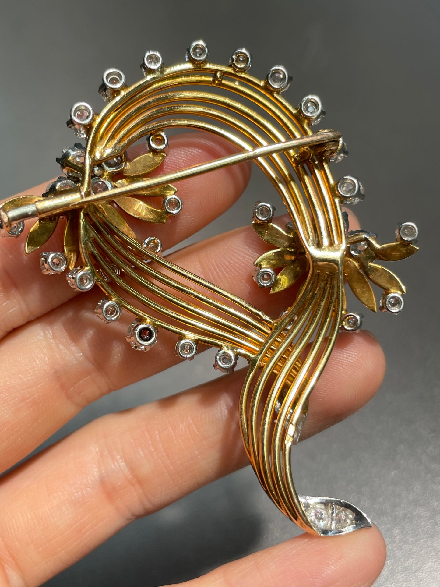 French 18K Gold 6.44 CTW Old Mine Cut Diamond Spray Brooch