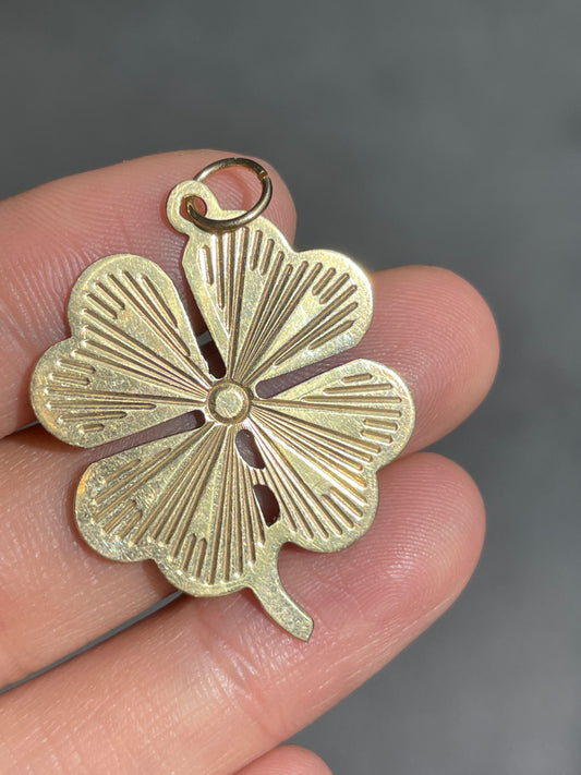 Vintage 14K Gold Large Engine Turn Clover Charm