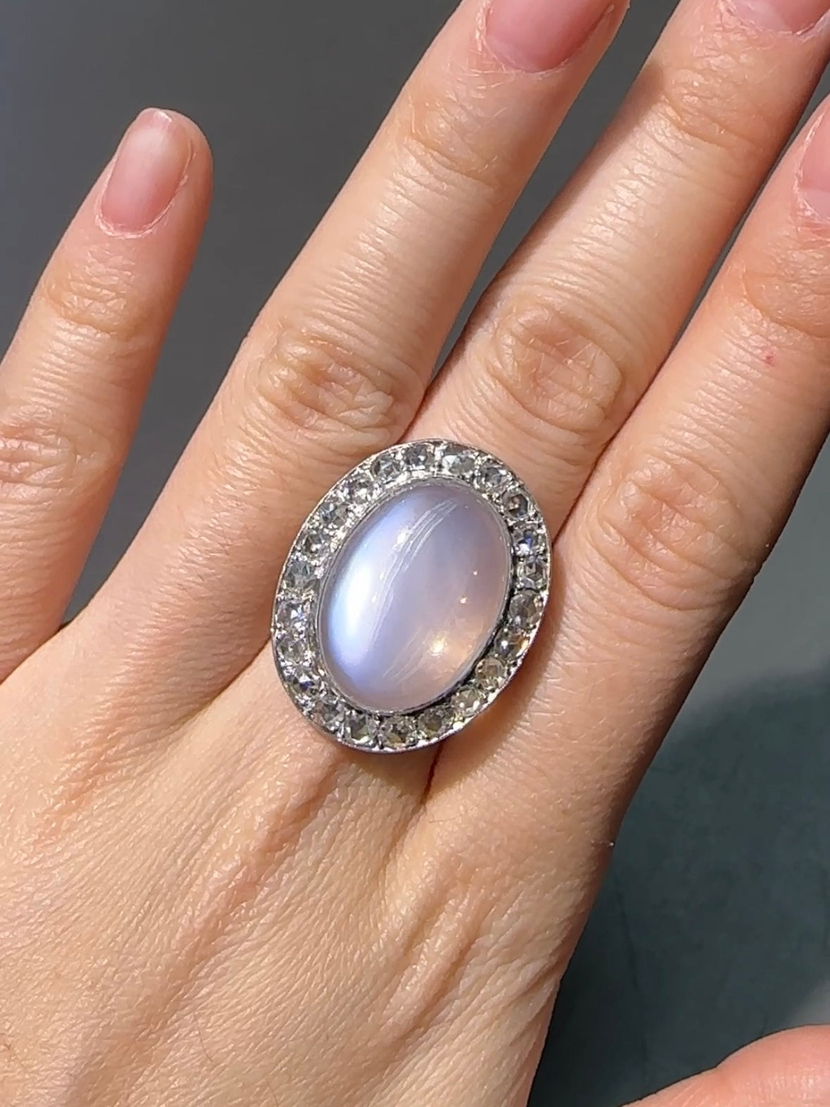 Edwardian 14K White Gold 13.2 CTW Ceylon Moonstone Rose Cut Diamond Halo Ring